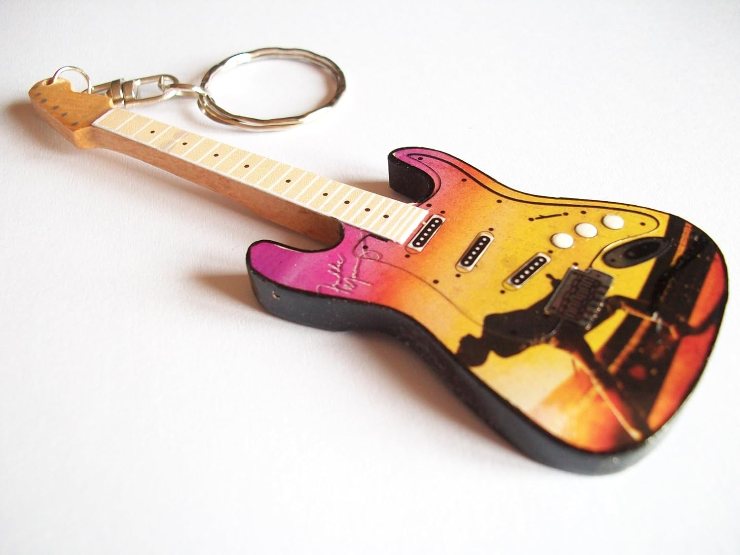 10cm Painted Wood Rhapsody Bohemian Guitar Keyring, Orange-yellow, 10 cm