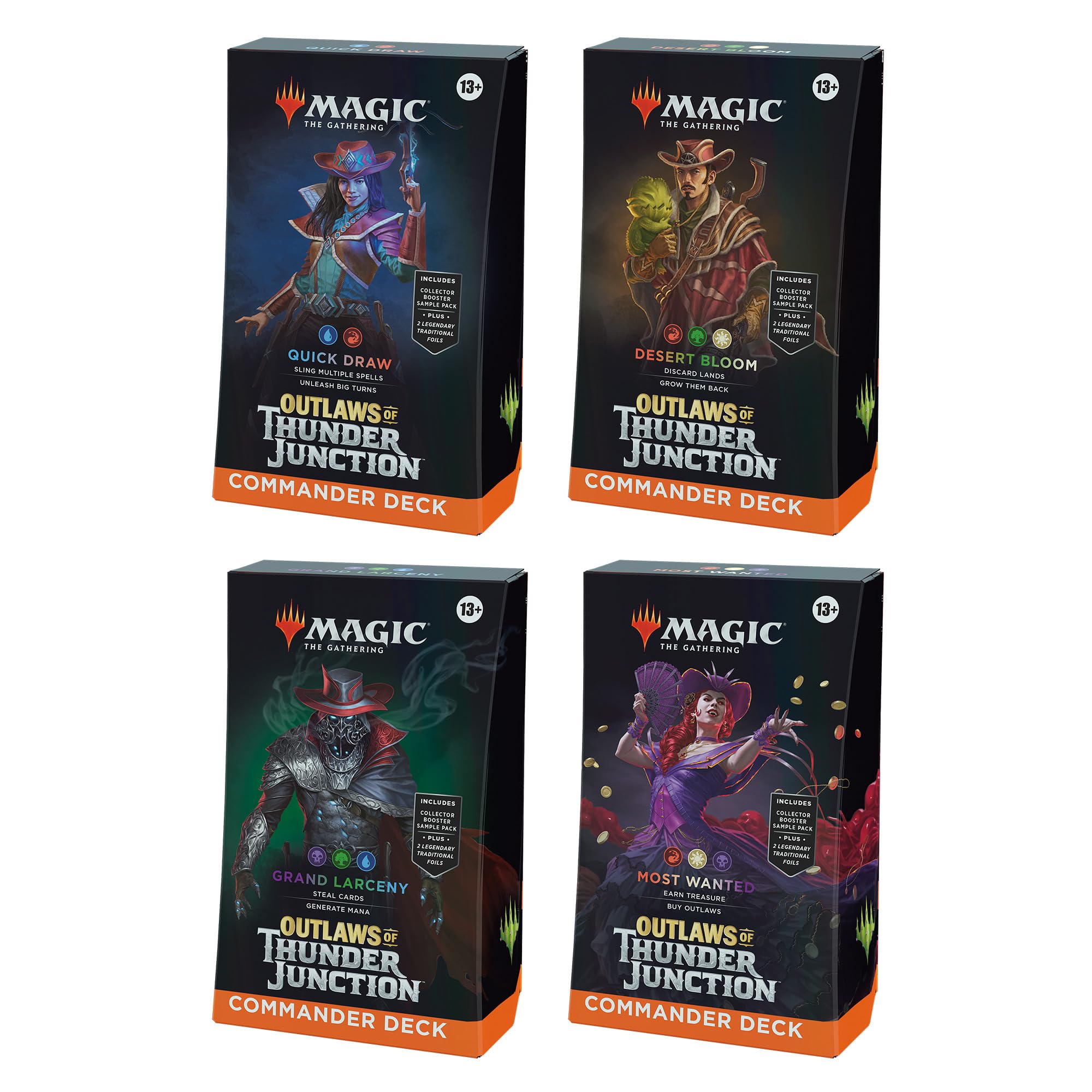 Magic The Gathering Outlaws of Thunder Junction Commander Deck Bundle - Includes All 4 Decks (Quick Draw, Desert Bloom, Grand Larceny, and Most Wanted)