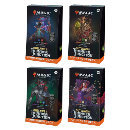 Magic The Gathering Outlaws of Thunder Junction Commander Deck Bundle - Includes All 4 Decks (Quick Draw, Desert Bloom, Grand Larceny, and Most Wanted)