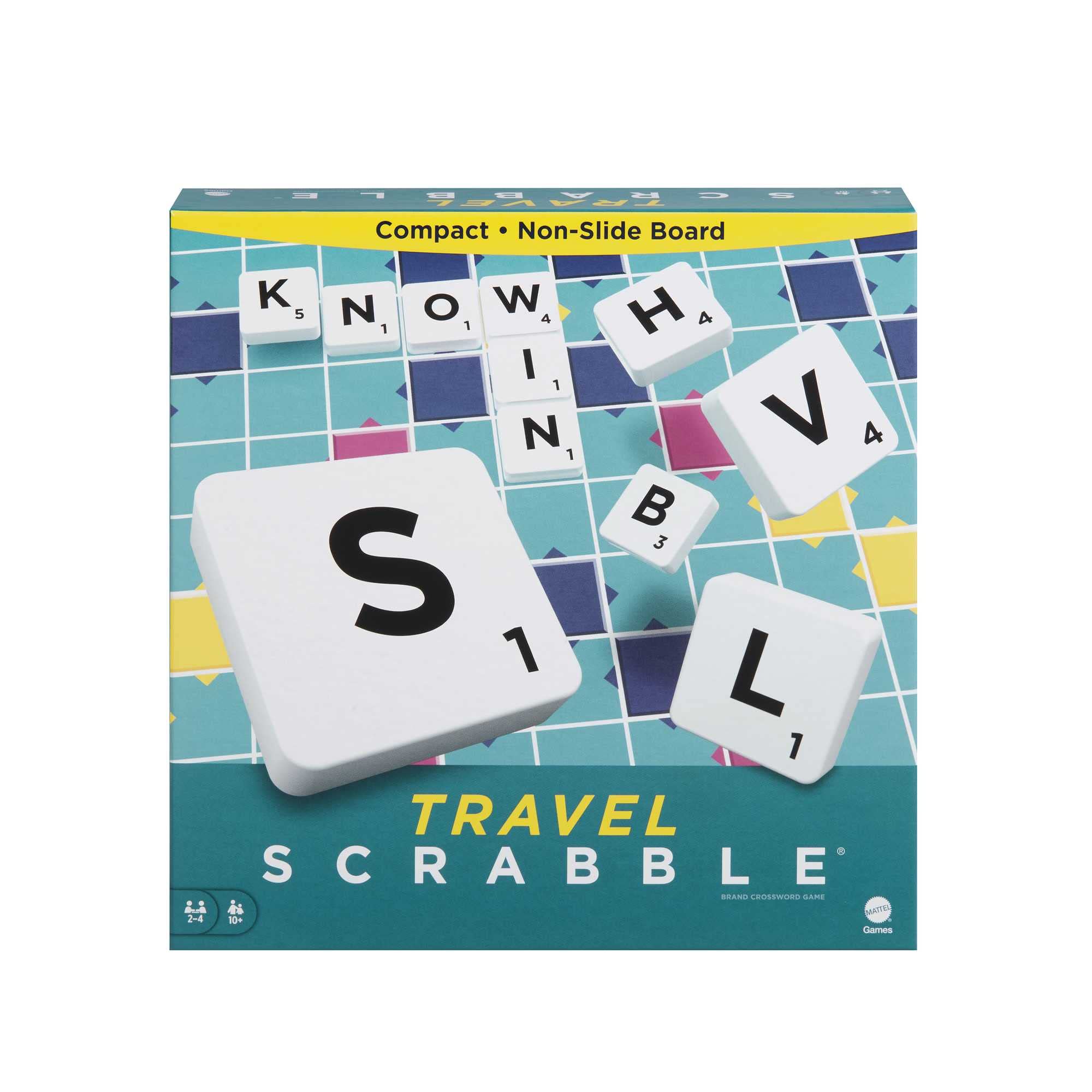 Mattel Games Scrabble Travel Game, Portable and Compact, 2-4 Players, Includes Playing Board, 4 Racks, 100 Letter Tiles, a Tile Bag, and Rules, 10Y+, CJT11(Packaging May Vary)