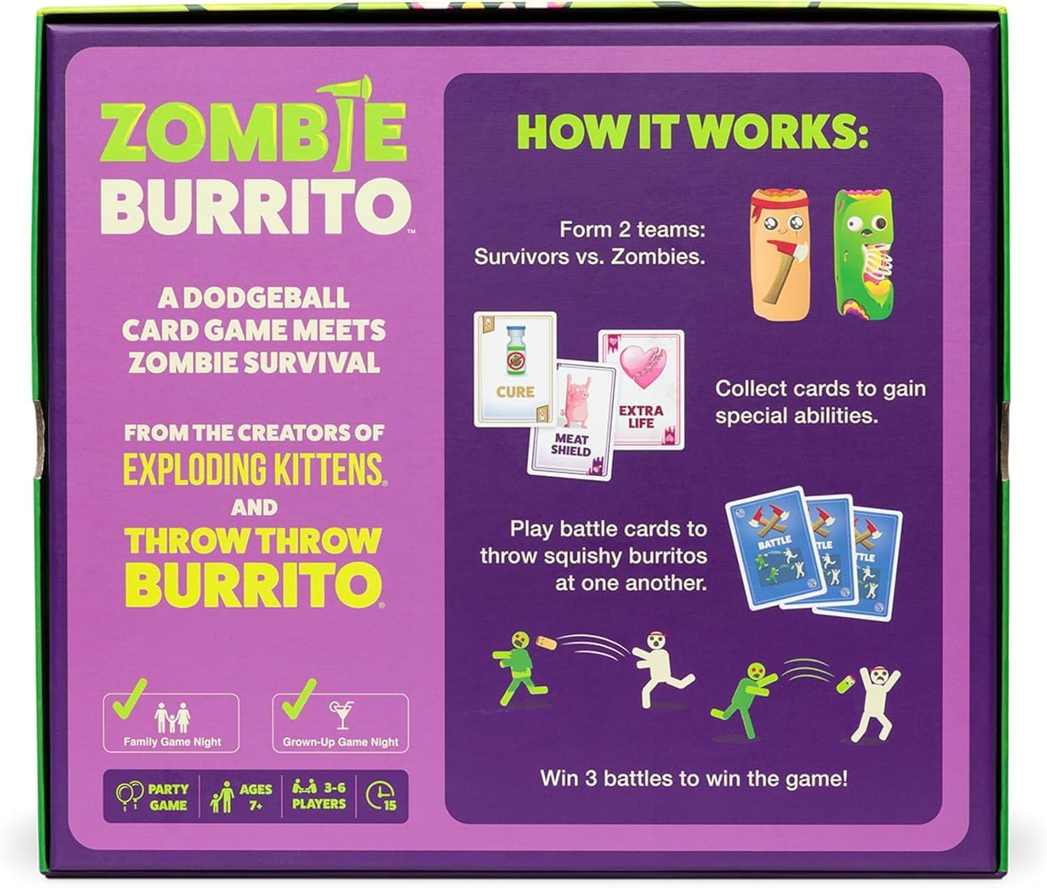 Zombie Burrito by Exploding Kittens - An Epic Card & Board Game Battle for Survivors vs Zombies - Fast-Paced, Dodgeball Party Game for Adults, Teens, Kids Ages 7+ - 2-6 Players