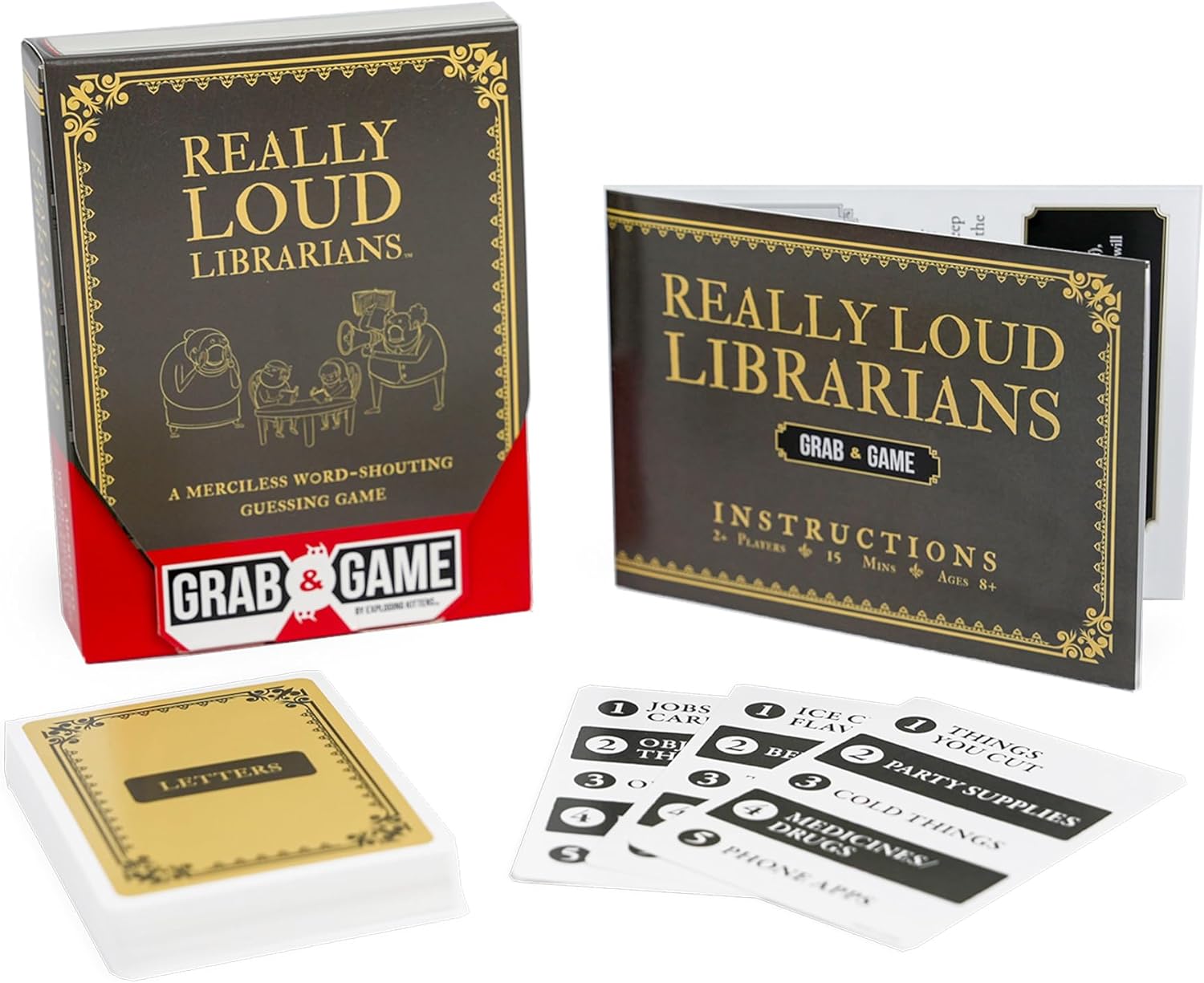 Exploding Kittens Really Loud Librarians Grab & Game by Fast-Paced Word Shouting Fun for Kids Games & Party Games, Ideal for Travel, Game Nights & Parties - Includes 35 Letters, 20 Categories