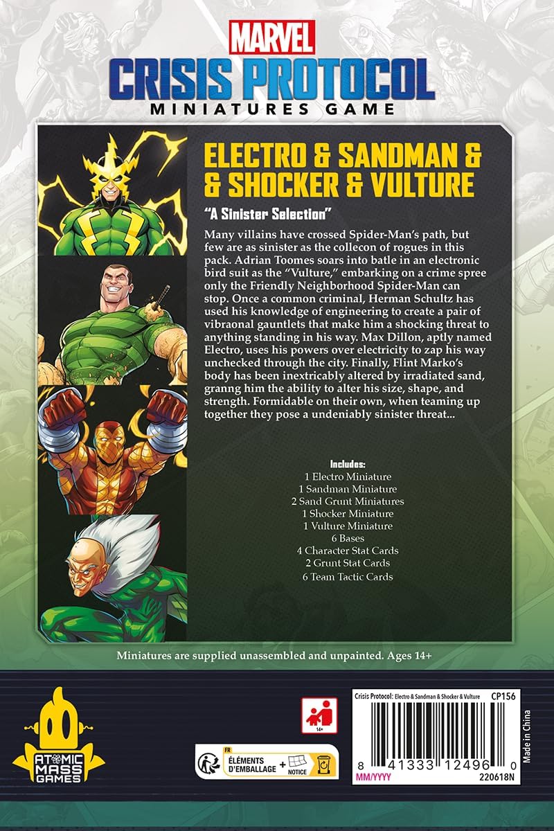Atomic Mass Games | Marvel Crisis Protocol: Electro & Sandman & Shocker & Vulture | Expansión | A Partir de 14 Años | para 2 Jugadores | 90 Min por Partida | Multilenguaje (Incluye Español
