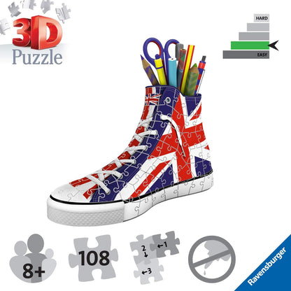 Ravensburger British Flag Shoe 3D Jigsaw Puzzle for Kids Age 8 Years Up - 108 Pieces Pencil Pot - No Glue Required British Flag Trainer 3D Puzzle Single