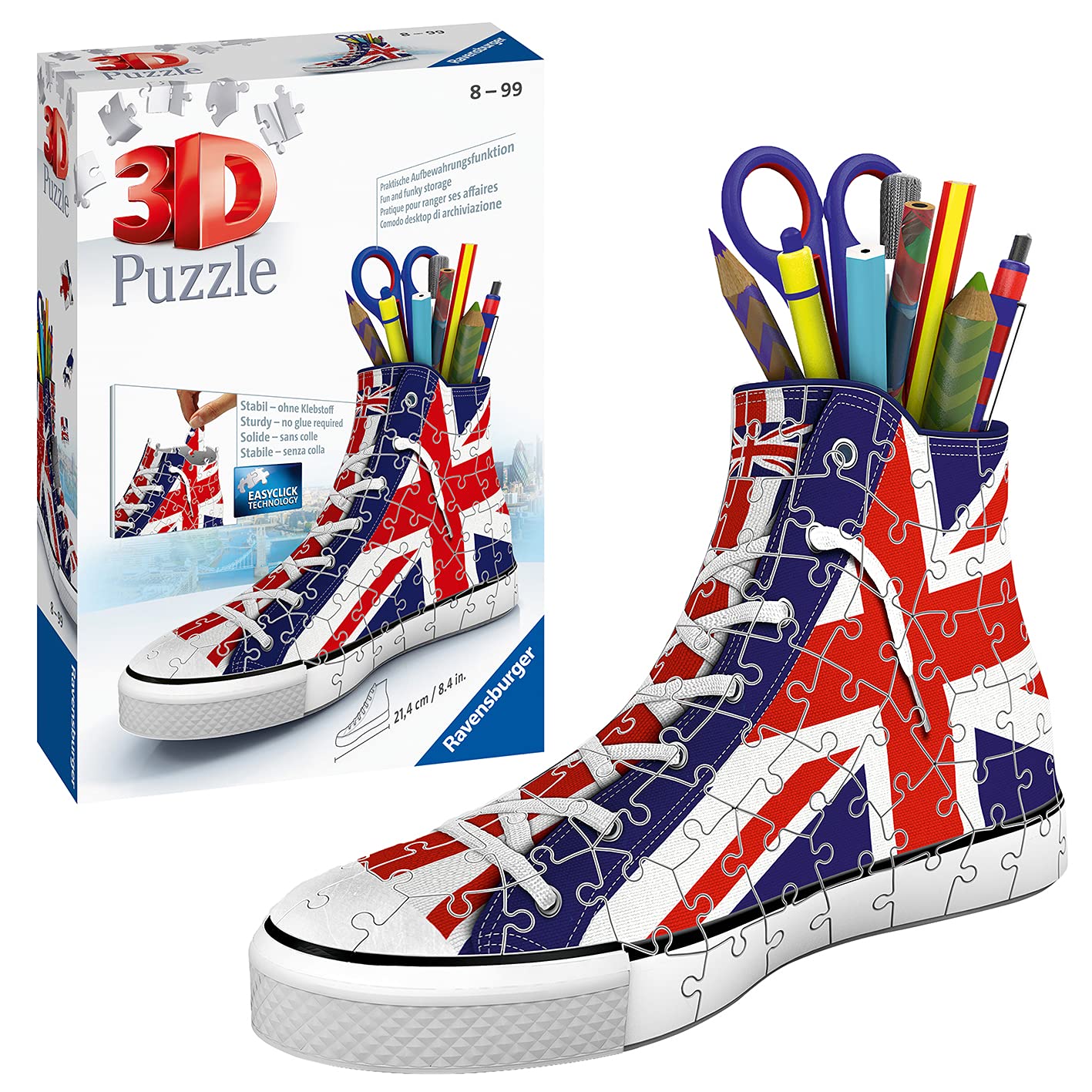 Ravensburger British Flag Shoe 3D Jigsaw Puzzle for Kids Age 8 Years Up - 108 Pieces Pencil Pot - No Glue Required British Flag Trainer 3D Puzzle Single