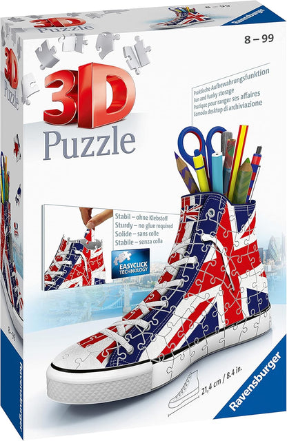 Ravensburger British Flag Shoe 3D Jigsaw Puzzle for Kids Age 8 Years Up - 108 Pieces Pencil Pot - No Glue Required British Flag Trainer 3D Puzzle Single