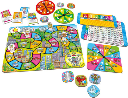 Orchard Toys What's the Time, Mr Wolf Game | Educational Game For Children Aged 5-9 | Two Ways To Play | Teaches Time Telling Skills & 101 Times Tables Heroes Game, Single, Multicolour