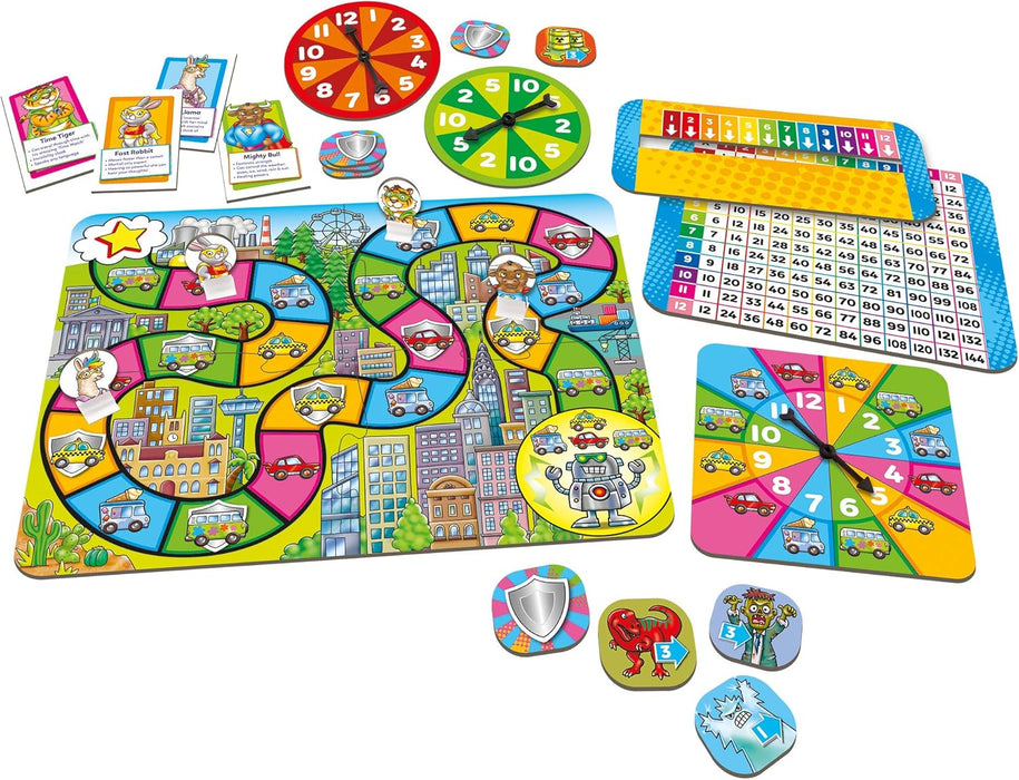 Orchard Toys What's the Time, Mr Wolf Game | Educational Game For Children Aged 5-9 | Two Ways To Play | Teaches Time Telling Skills & 101 Times Tables Heroes Game, Single, Multicolour