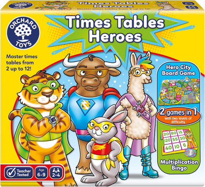 Orchard Toys What's the Time, Mr Wolf Game | Educational Game For Children Aged 5-9 | Two Ways To Play | Teaches Time Telling Skills & 101 Times Tables Heroes Game, Single, Multicolour