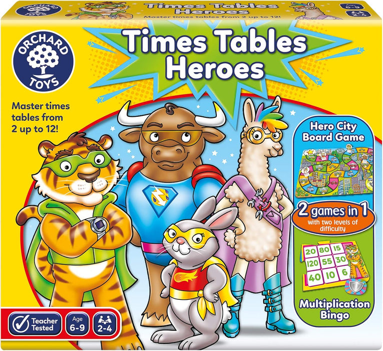 Orchard Toys What's the Time, Mr Wolf Game | Educational Game For Children Aged 5-9 | Two Ways To Play | Teaches Time Telling Skills & 101 Times Tables Heroes Game, Single, Multicolour