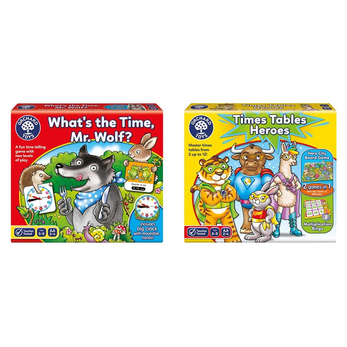 Orchard Toys What's the Time, Mr Wolf Game | Educational Game For Children Aged 5-9 | Two Ways To Play | Teaches Time Telling Skills & 101 Times Tables Heroes Game, Single, Multicolour