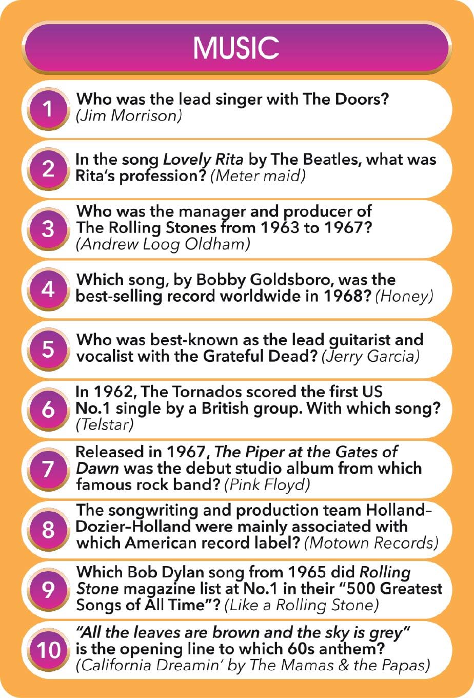 Cheatwell Games Top Trivia 1960's - A Decade of Trivia Travel Pack Card Game - 1000 Quiz Questions - For Ages 14 and up