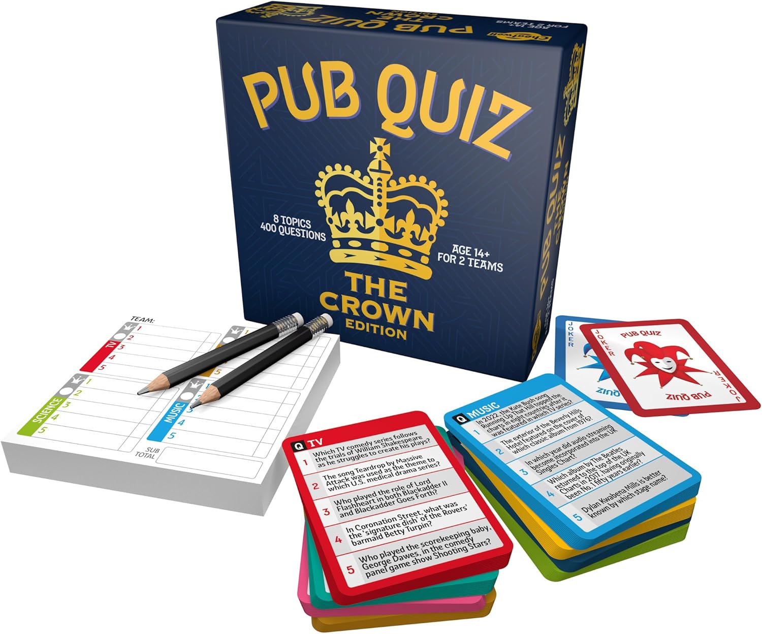 Cheatwell Games The Crown Pub Quiz – 400 Fragen – mit Antwortblock und Bleistiften – ab 14 Jahren