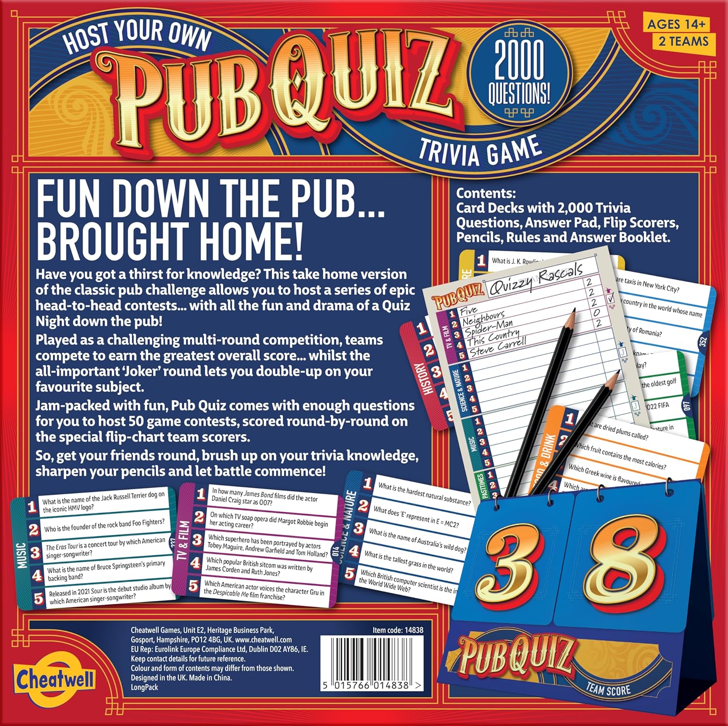 Cheatwell Games Host Your Own Pub Quiz - 2000 Trivia Questions Written For British Pub Quizzers - With Score Chart, Answer Pads & Pencils, ages 14+