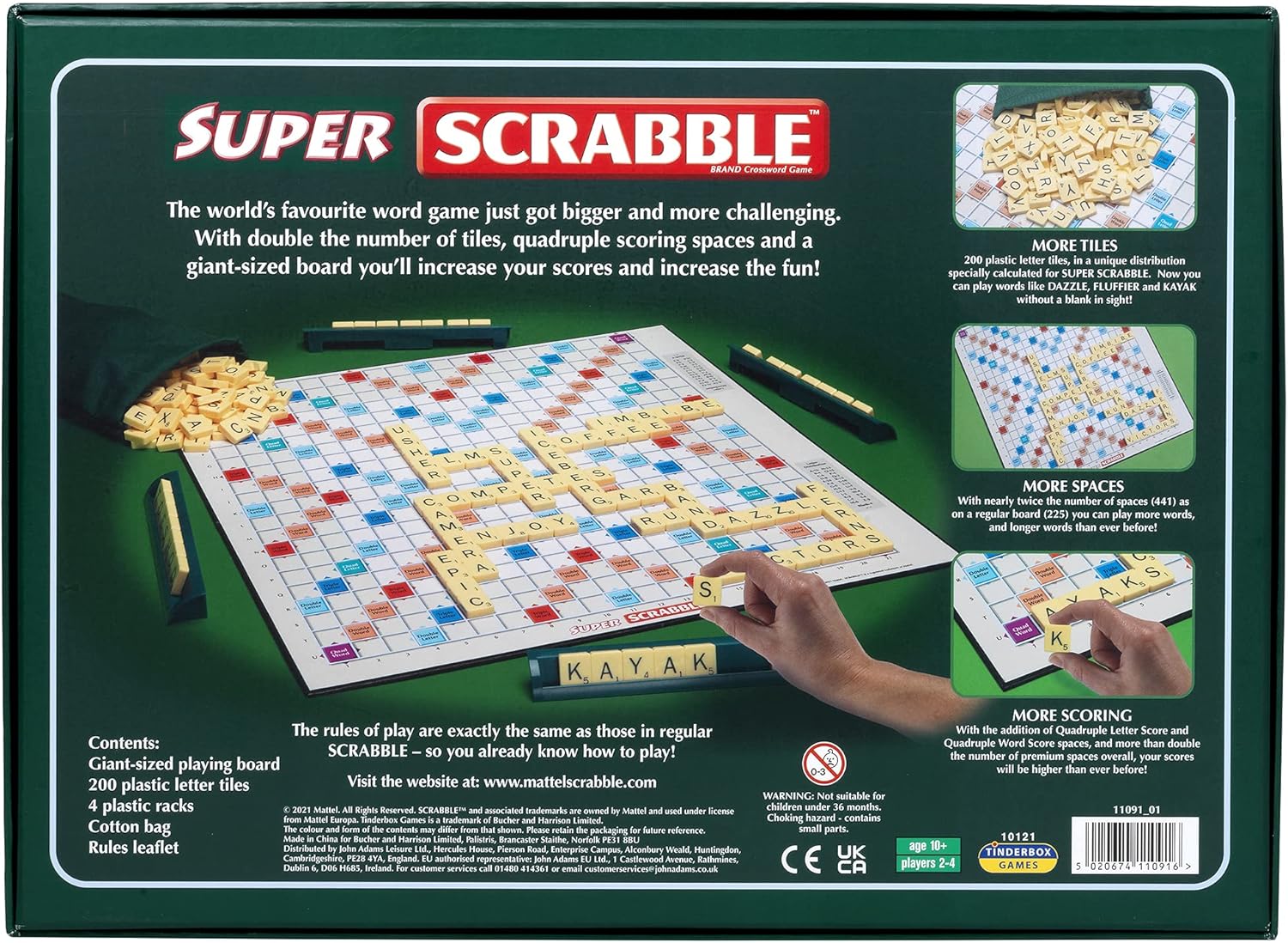 Super Scrabble: Twice as Many Tiles and a Giant-Sized Board, Classic Games, For 2-4 Players, Ages 10+
