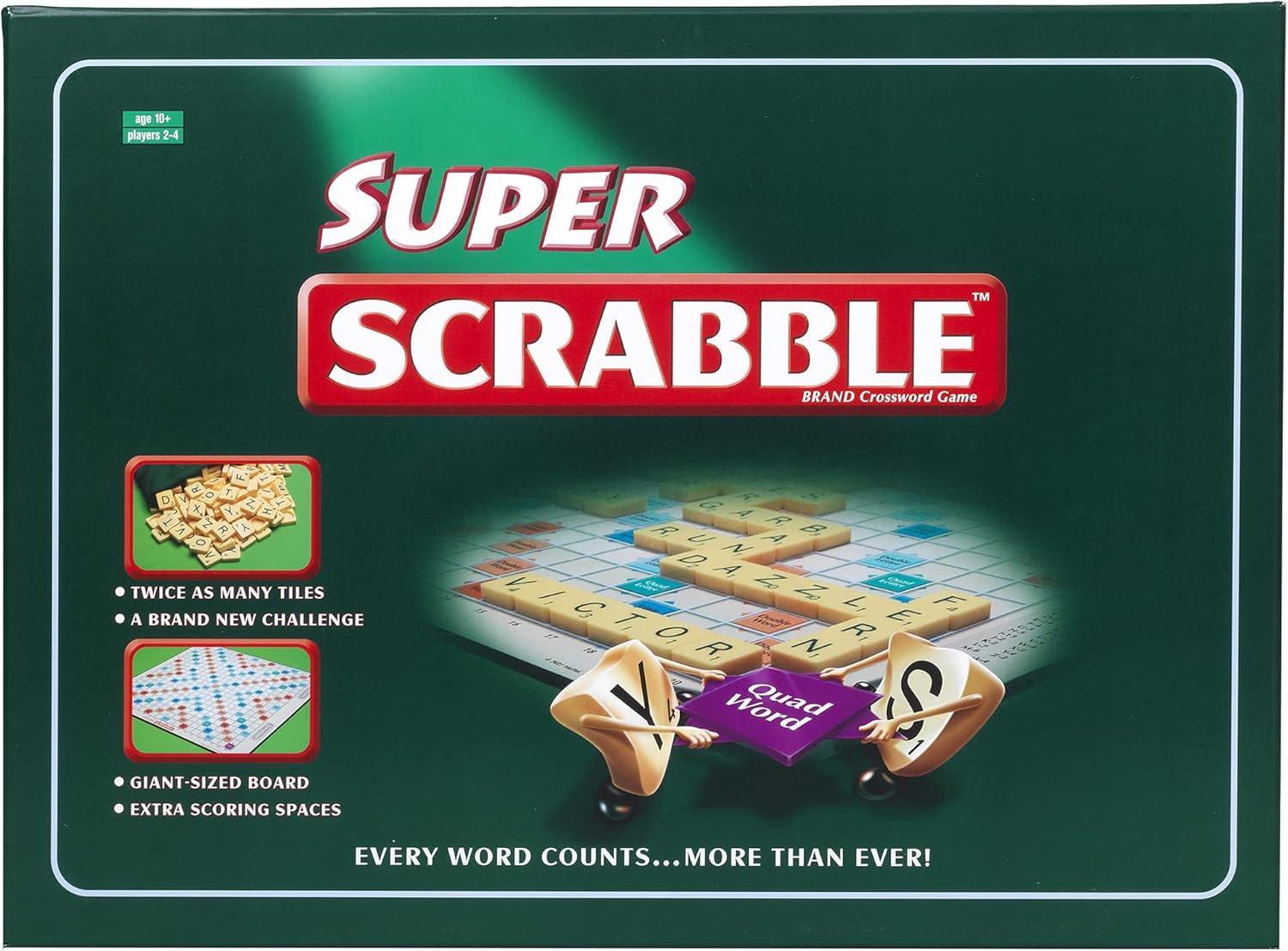 Super Scrabble: Twice as Many Tiles and a Giant-Sized Board, Classic Games, For 2-4 Players, Ages 10+
