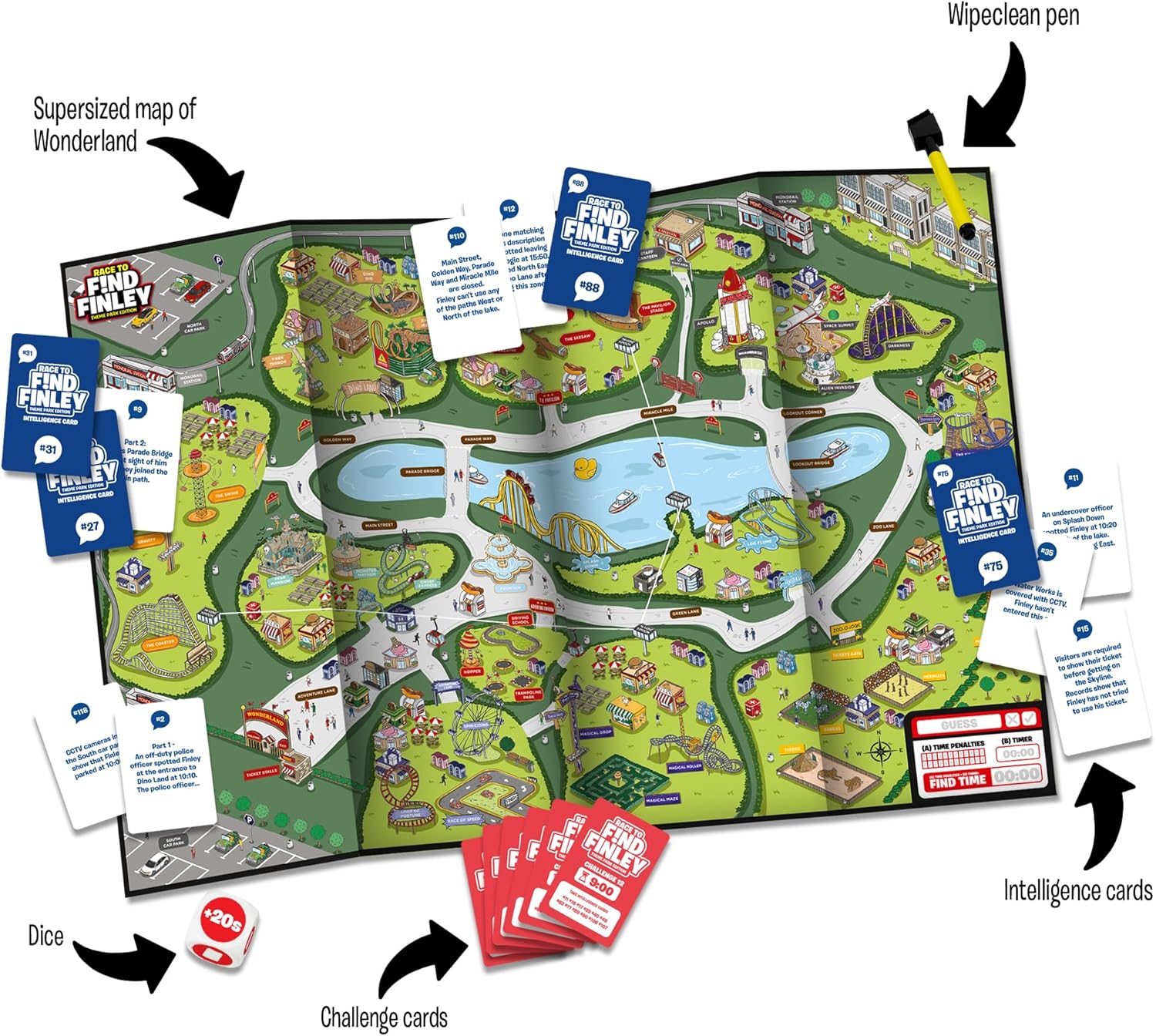IDEAL | Race Find Finley Theme Park Edition: Gather clues, search the map. How fast will your team find Finley? | Family Games | 2+ Players | Ages 7+