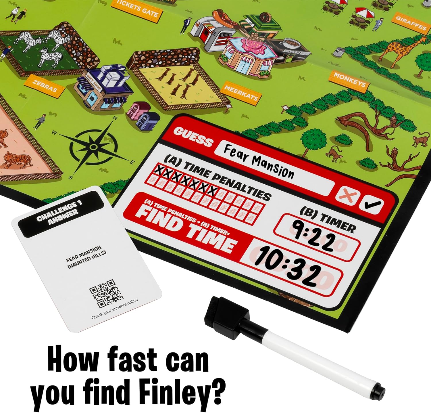 IDEAL | Race Find Finley Theme Park Edition: Gather clues, search the map. How fast will your team find Finley? | Family Games | 2+ Players | Ages 7+