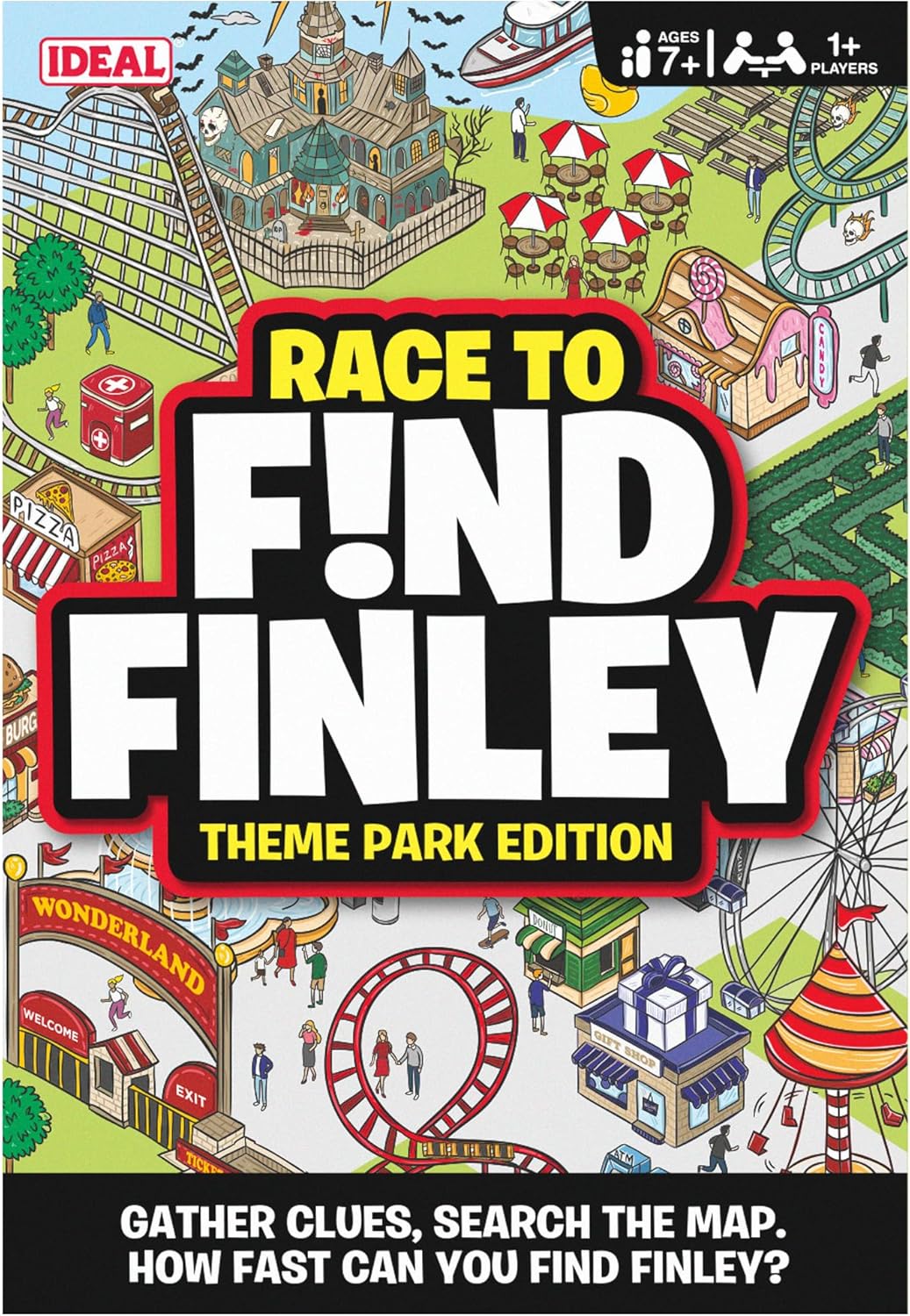 IDEAL | Race Find Finley Theme Park Edition: Gather clues, search the map. How fast will your team find Finley? | Family Games | 2+ Players | Ages 7+