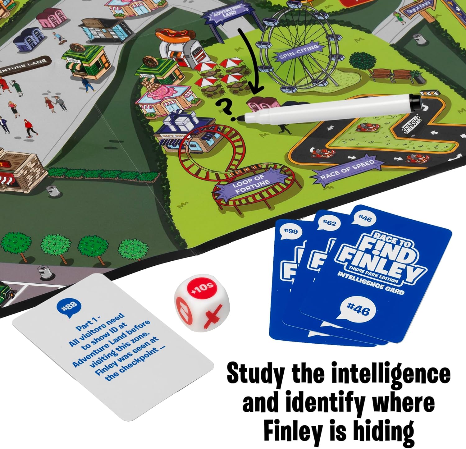 IDEAL | Race Find Finley Theme Park Edition: Gather clues, search the map. How fast will your team find Finley? | Family Games | 2+ Players | Ages 7+