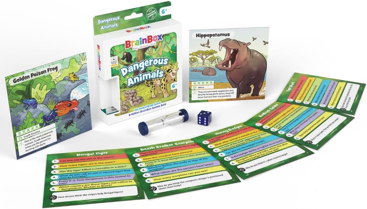 BrainBox Pocket Dangerous Animals | Fun & Educational Travel Card Game | Ages 6+ | 1+ Players | 10 Minutes Playing Time