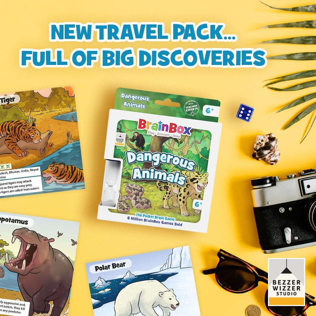 BrainBox Pocket Dangerous Animals | Fun & Educational Travel Card Game | Ages 6+ | 1+ Players | 10 Minutes Playing Time