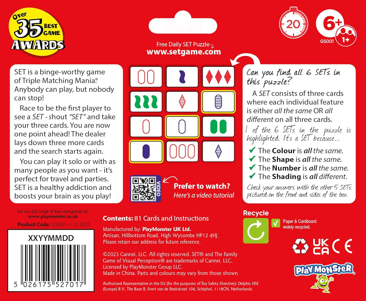 PlayMonster SET Enterprises SET - The Family Card Game of Visual Perception - Race to Find The Matches, For Ages 8+, 81 Cards, Rules included