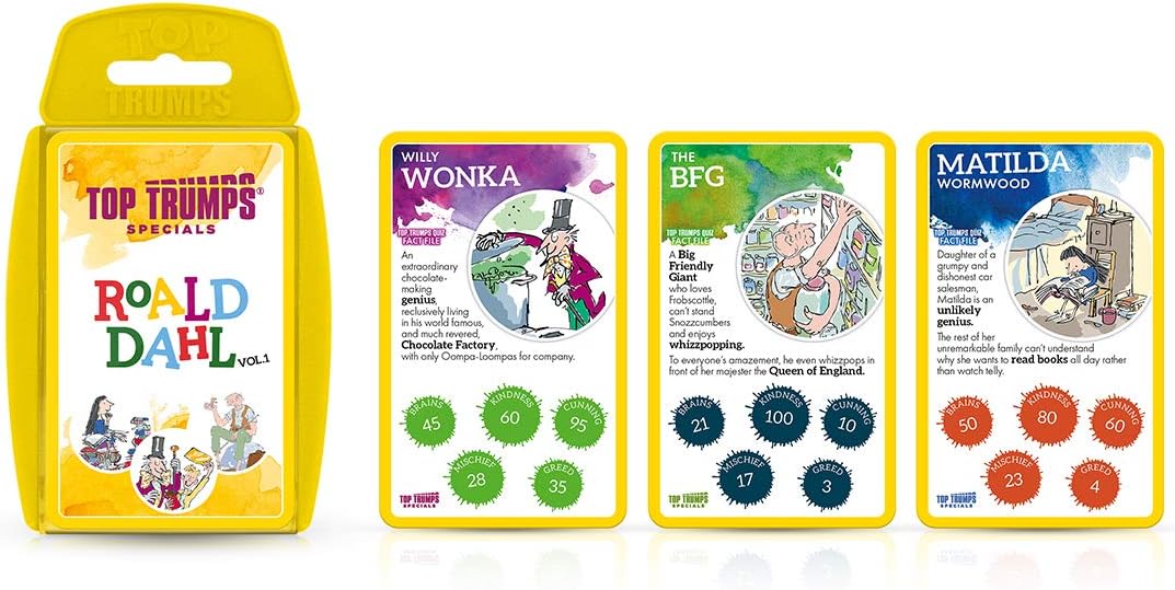 Top Trumps Roald Dahl Vol.1 Specials Card Game, play with gloriumptious characters from Matilda, The BFG, Charlie and the Chocolate Factory and Willy Wonka, gifts for boys and girls aged 6 plus