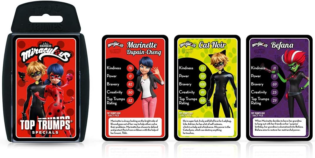 Top Trumps Miraculous Specials Card Game, play with Ladybug and her friends including Queen Bee, Cat Noir, Rena Rogue and Adrien Agreste, educational gift and toy for boys and girls Aged 6 plus