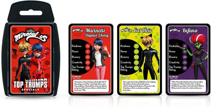 Top Trumps Miraculous Specials Card Game, play with Ladybug and her friends including Queen Bee, Cat Noir, Rena Rogue and Adrien Agreste, educational gift and toy for boys and girls Aged 6 plus