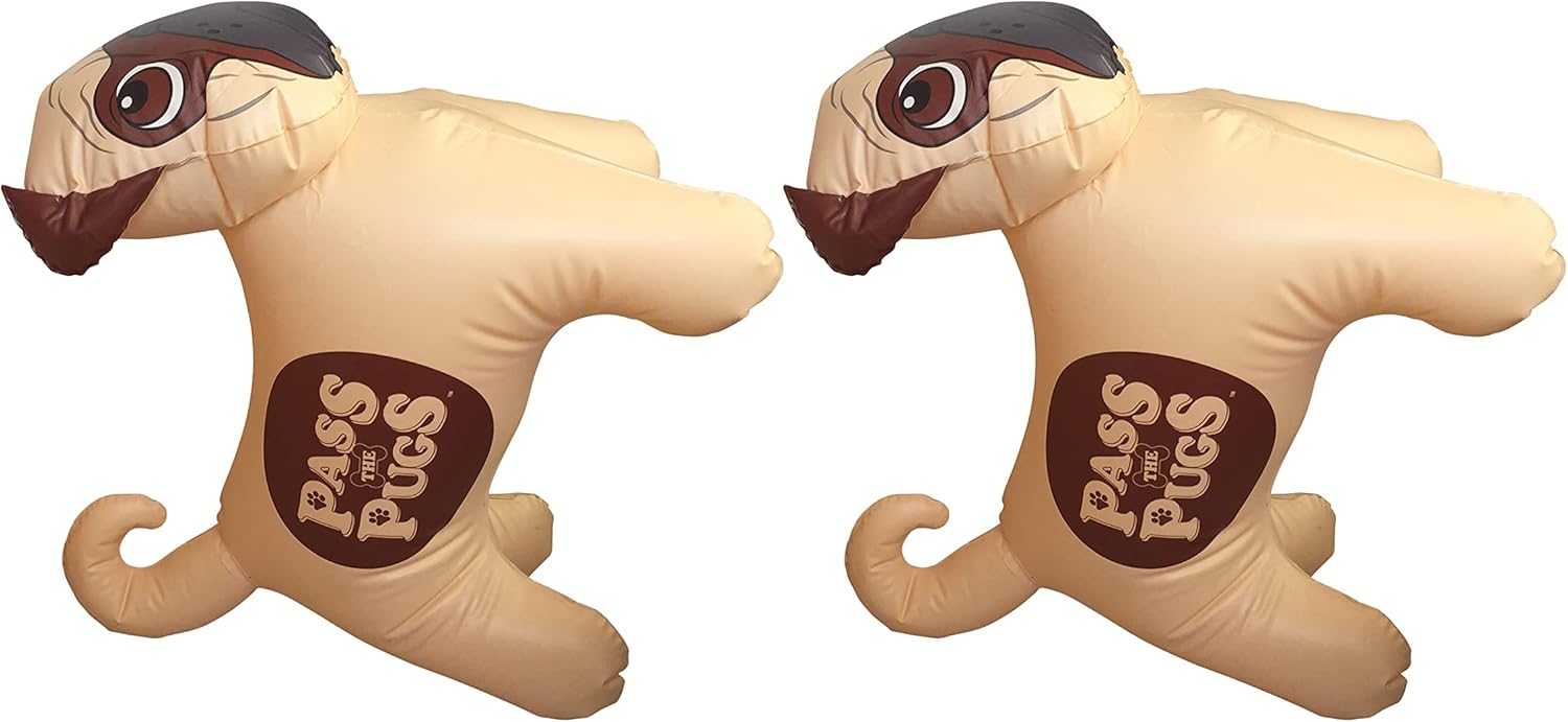 Pass the Pugs Dice Game, bounce the inflatable pugs around the garden, house, pool or beach and see how they land, first to 100 points wins, gifts and toys for Boys, Girls and adults Aged 6 plus