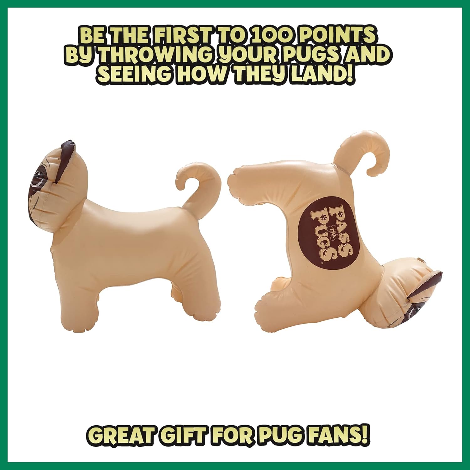 Pass the Pugs Dice Game, bounce the inflatable pugs around the garden, house, pool or beach and see how they land, first to 100 points wins, gifts and toys for Boys, Girls and adults Aged 6 plus