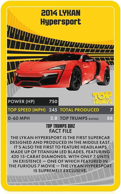 Top Trumps Supercars Classic Card Game, learn facts about the Aston Martin DBS, McLaren Senna and Bugatti Chiron in this educational packed game, gifts and toys for boys and girls aged 6+