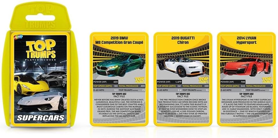 Top Trumps Supercars Classic Card Game, learn facts about the Aston Martin DBS, McLaren Senna and Bugatti Chiron in this educational packed game, gifts and toys for boys and girls aged 6+