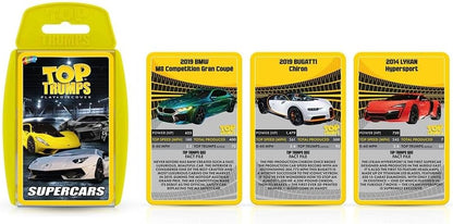 Top Trumps Supercars Classic Card Game, learn facts about the Aston Martin DBS, McLaren Senna and Bugatti Chiron in this educational packed game, gifts and toys for boys and girls aged 6+