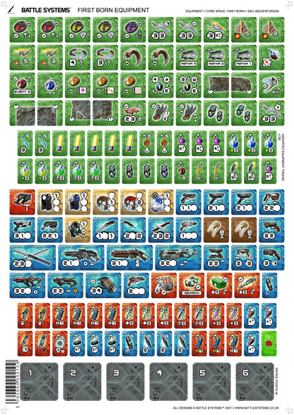 Battle Systems Core Space First Born Equipment Sheet - Cooperative/Solo SciFi Dungeon Crawler Board Game