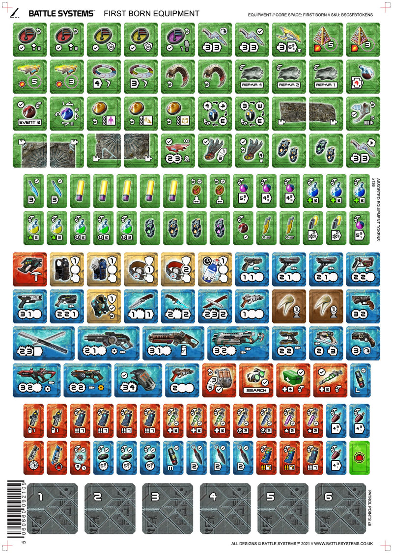 Battle Systems Core Space First Born Equipment Sheet - Cooperative/Solo SciFi Dungeon Crawler Board Game