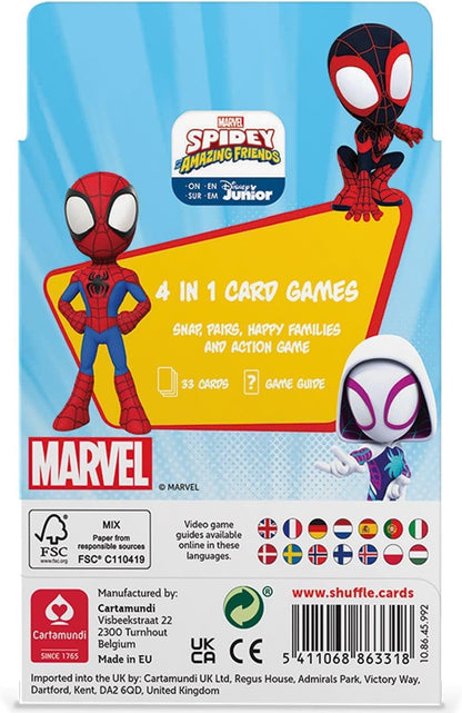 Shuffle Spidey and his Amazing Friends Card Games For Kids - 4 in 1 Snap, Pairs, Happy Families & Action Game, Game Guide Included, Ages 4+ Multicolour