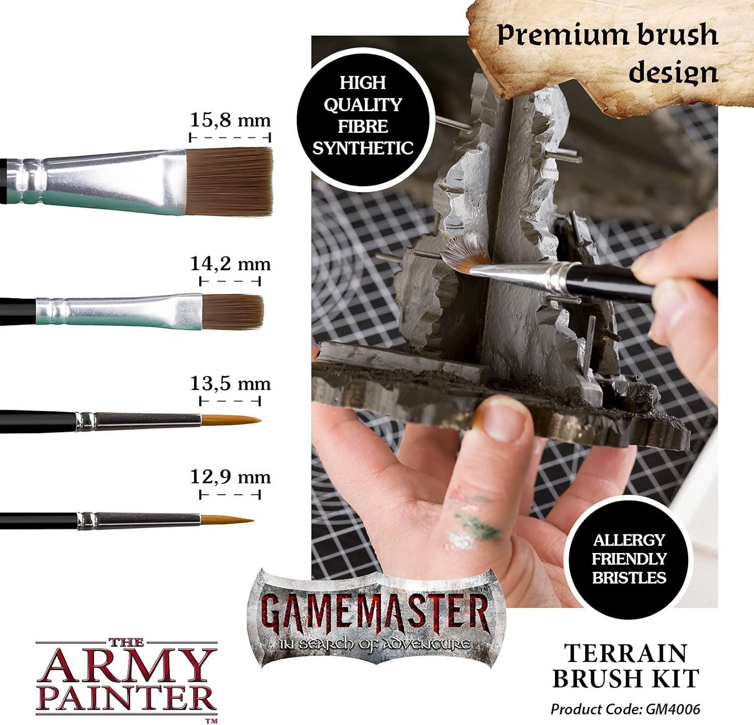 The Army Painter GameMaster Terrain Brush Kit, 4 Brushes, for Painting XPS Foam MDF Board Scenery or Wargaming Terrain: Large Drybrush, Medium Drybrush, Wash Brush, Effects Brush, for Roleplaying