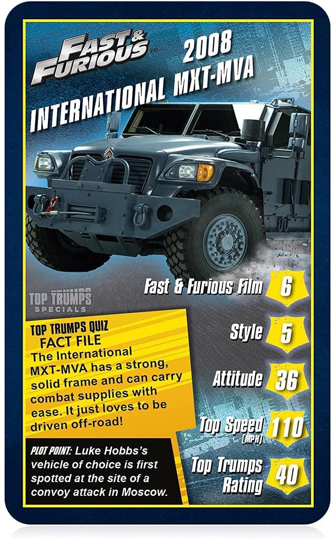 Top Trumps Special Fast and Furious Card Game, juega con coches de películas como Dodge Ice Charger, Lykan Hypersport, International MXT - MVA, regalo y juguete para niños y niñas a partir de 6 años