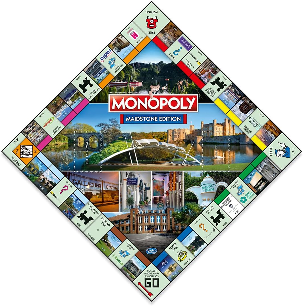 Winning Moves Maidstone Monopoly Board Game, Advance to Yalding Bridge, Teapot Island and the Hazlitt Theatre, 2–6 players makes a great gift for players aged 8 plus