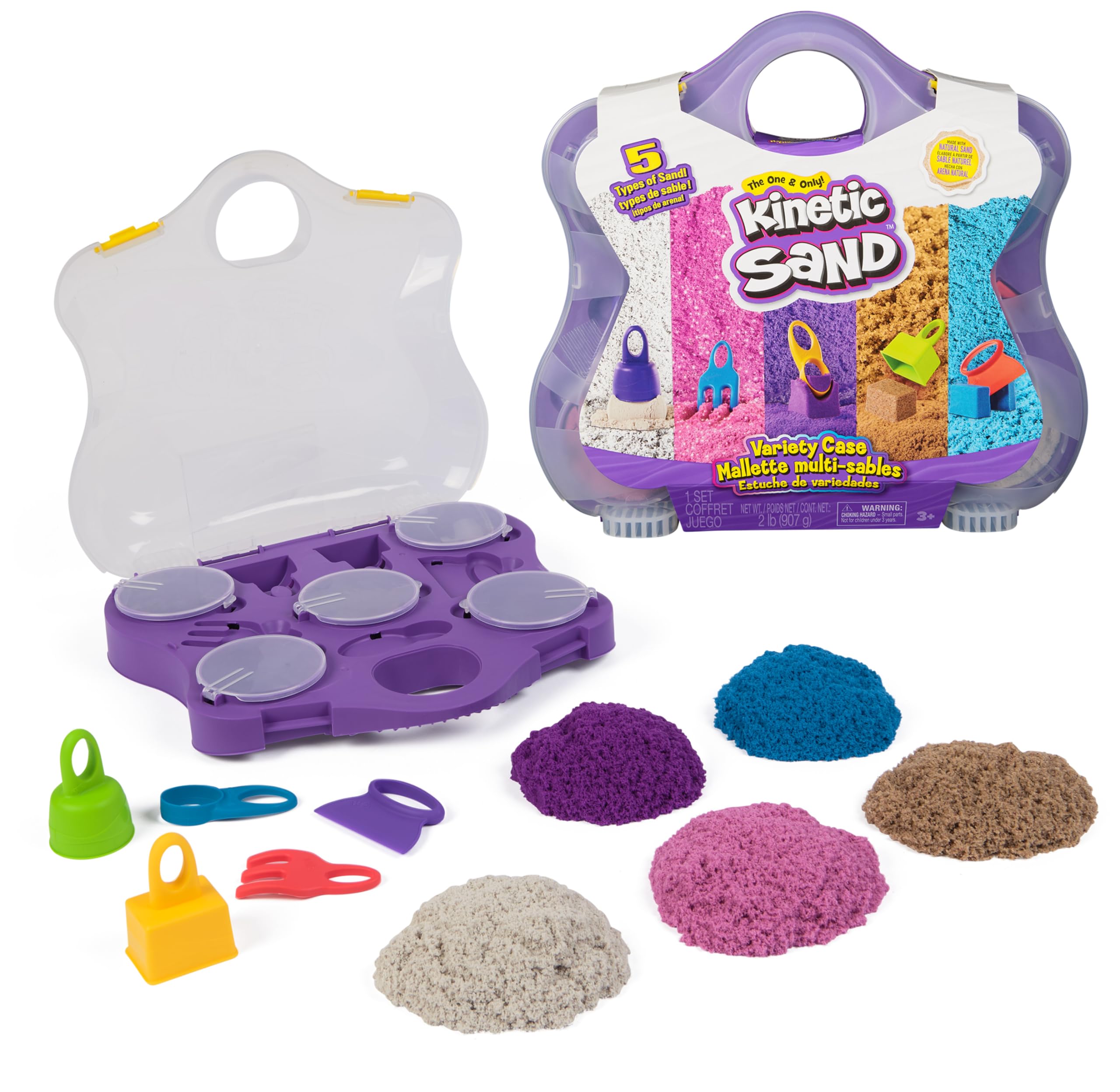 Kinetic Sand, Variety Case with Beach, Neon & Shimmer Play Sand (2lbs) & 5 Tools, Reusable Storage, Sensory Toys for Kids Ages 3 and up