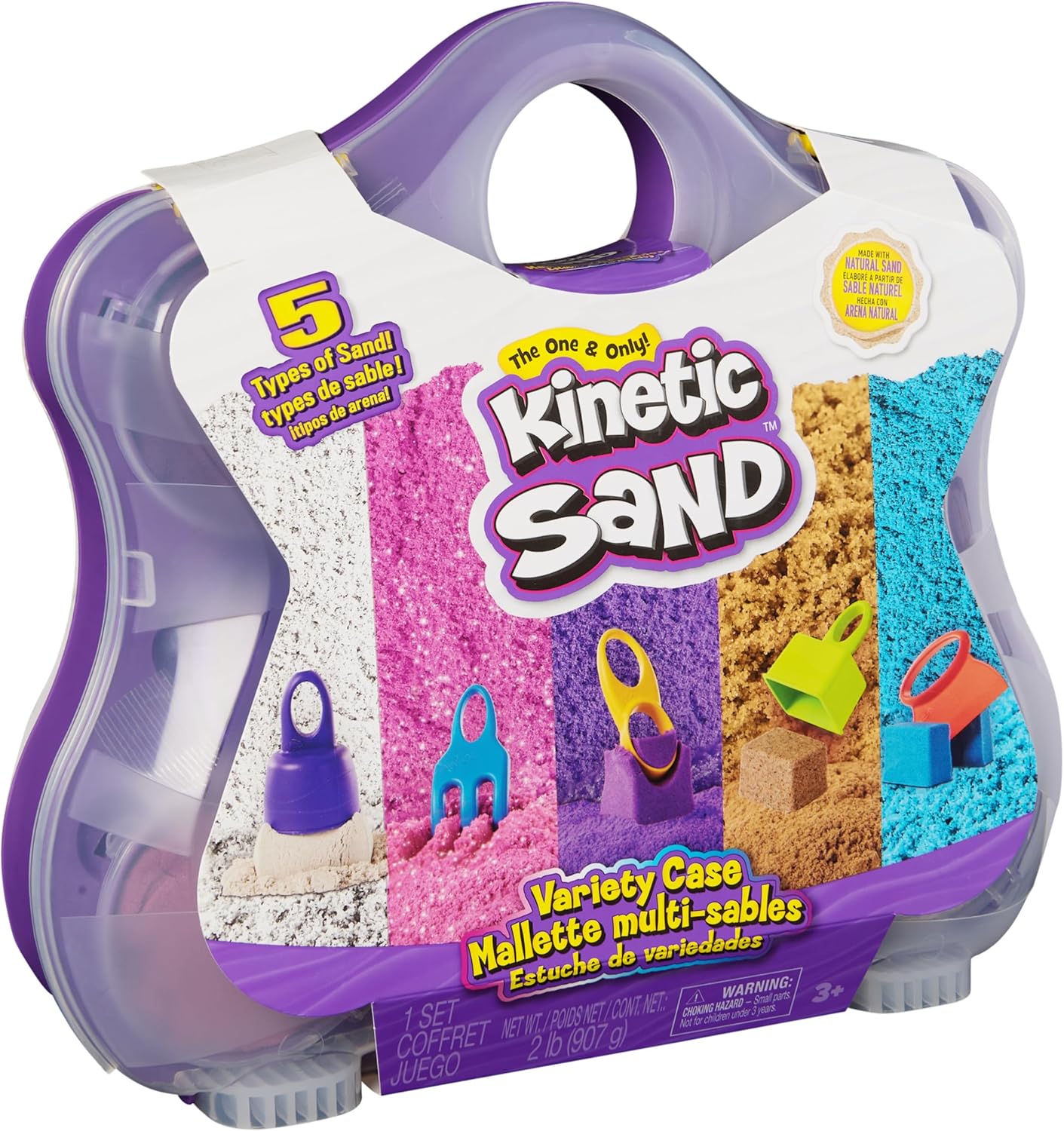Kinetic Sand, Variety Case with Beach, Neon & Shimmer Play Sand (2lbs) & 5 Tools, Reusable Storage, Sensory Toys for Kids Ages 3 and up