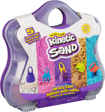 Kinetic Sand, Variety Case with Beach, Neon & Shimmer Play Sand (2lbs) & 5 Tools, Reusable Storage, Sensory Toys for Kids Ages 3 and up