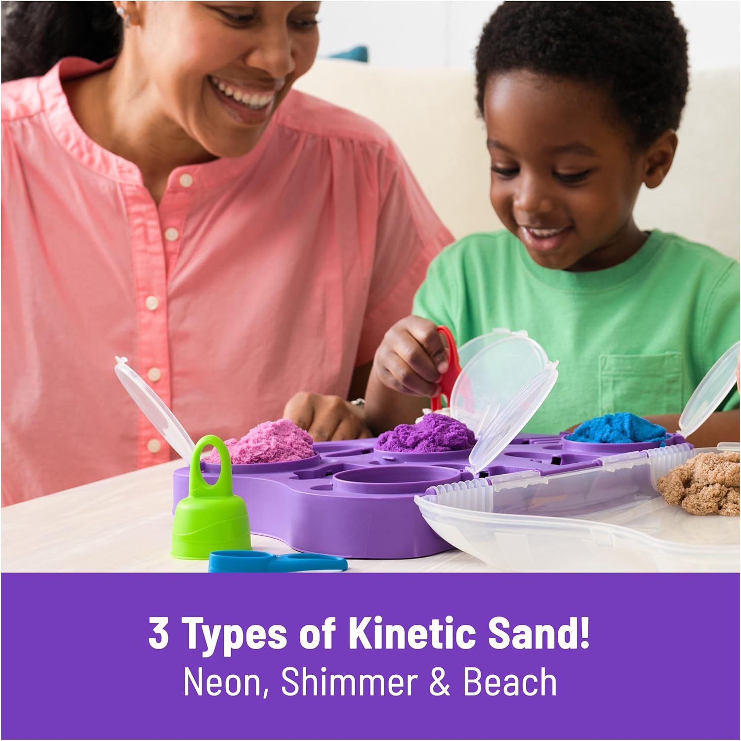 Kinetic Sand, Variety Case with Beach, Neon & Shimmer Play Sand (2lbs) & 5 Tools, Reusable Storage, Sensory Toys for Kids Ages 3 and up