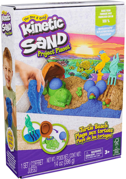 Kinetic Sand, Project Planet Turtle Beach with 396g Play Sand, Tools & Moulds, Sustainably Minded Materials, Sensory Toys for Kids Aged 3+
