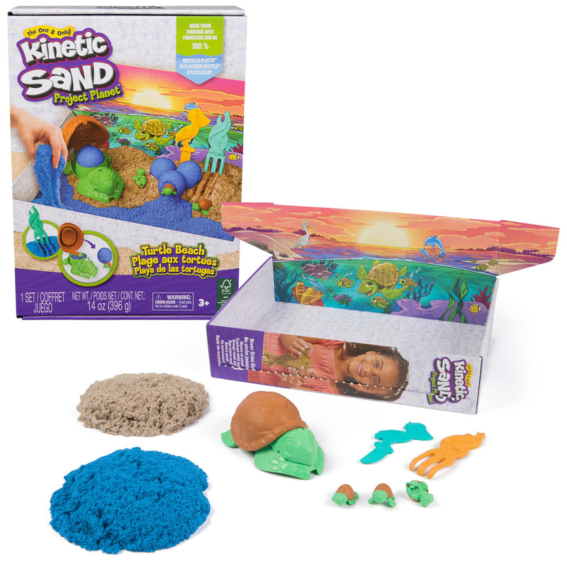 Kinetic Sand, Project Planet Turtle Beach with 396g Play Sand, Tools & Moulds, Sustainably Minded Materials, Sensory Toys for Kids Aged 3+