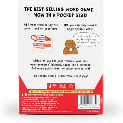 Exploding Kittens Presents Poetry for Neanderthals Grab & Game - Pocket Size Camping Games for Adults, Card Games for Families, Ages 7+, 60 Cards, 200+ Words, Single-Syllable Guessing Outdoor Games