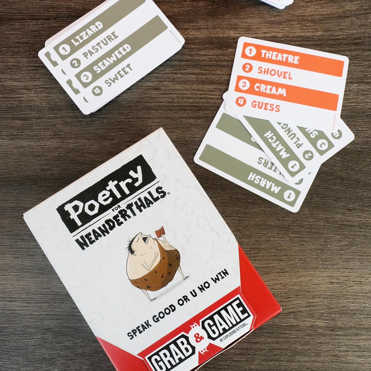 Exploding Kittens Presents Poetry for Neanderthals Grab & Game - Pocket Size Camping Games for Adults, Card Games for Families, Ages 7+, 60 Cards, 200+ Words, Single-Syllable Guessing Outdoor Games