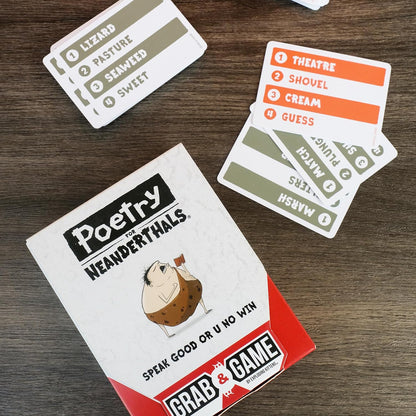 Exploding Kittens Presents Poetry for Neanderthals Grab & Game - Pocket Size Camping Games for Adults, Card Games for Families, Ages 7+, 60 Cards, 200+ Words, Single-Syllable Guessing Outdoor Games